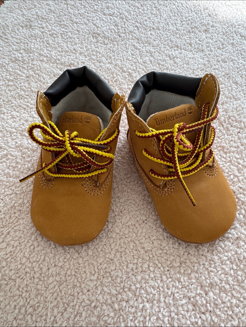 Timberland infant Wheat/Tan Leather Crib “Boot” with Yellow & Brown Laces